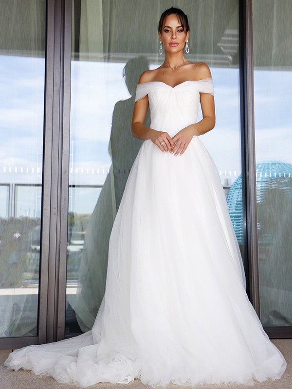 Wholesale A-Line/Princess Sleeveless Tulle Off-the-Shoulder Ruched Sweep/Brush Train Wedding Dresses